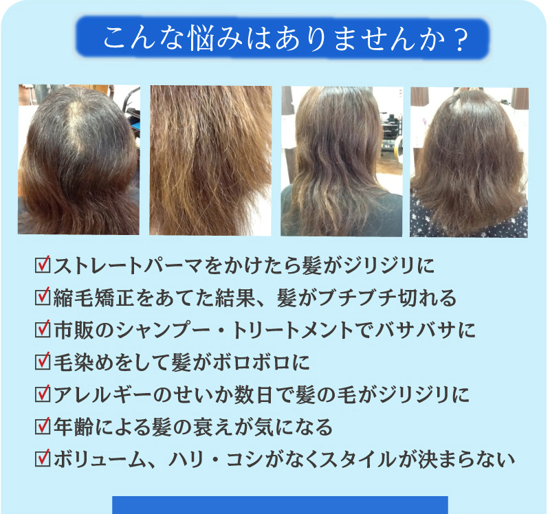 こんな悩みはありませんか?□ストレートパーマをかけたら髪がジリジリに □縮毛矯正をあてた結果、髪がブチブチ切れる □市販のシャンプー・トリートメントでバサバサに □毛染めをして髪がボロボロに □アレルギーのせいか数日で髪の毛がジリジリに □年齢による髪の衰えが気になる □ボリューム、ハリ・コシがなくスタイルが決まらない