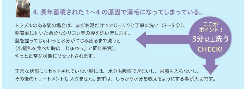 トラブルのある髪の場合は、まずお湯だけででじっくりと丁寧に洗い(3〜5分)、 髪表面に付いた余分なシリコン等の膜を洗い流します。 髪を握ってじゅわっと水分がにじみ出るまで洗うと (小籠包を食べた時の「じゅわっ」と同じ感覚)、 やっと正常な状態にリセットされます。 正常な状態にリセットされていない髪には、水分も吸収できないし、栄養も入らないし、 その後のトリートメントも 入りません。 まずは、しっかり水分を吸えるようにする事が大切です。 使ってすぐに効果が出るというシャンプーの中には、髪の表面がコーティングされてしまい、長く使っていると髪のトラブルにつながるものも少なくありません。 賢いシャンプー選びで、あなたの髪を美しく健康に保ってくださいね。 ※トリートメントソムリエは、一般社団法人 日本美容協会の認定資格です。