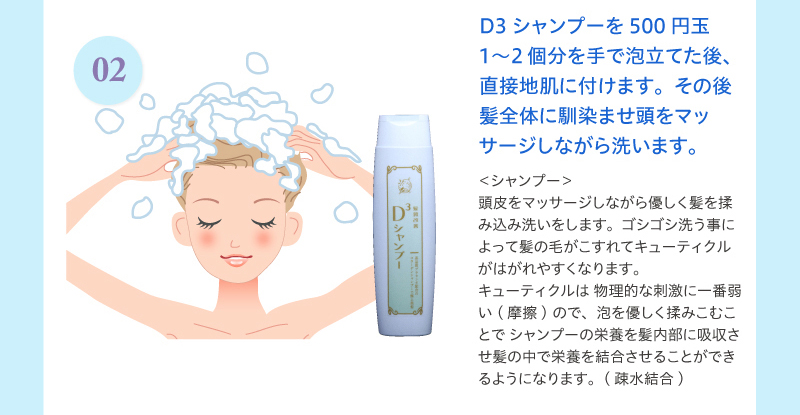 2）D3シャンプーを500円玉 1〜2個分を手で泡立てた後、直接地肌に付けます。その後髪全体に馴染ませ頭をマッサージしながら洗います。